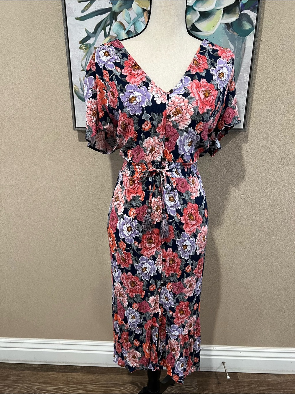Knox Rose Navy Floral Midi Dress with Pink & Lavender Blooms
